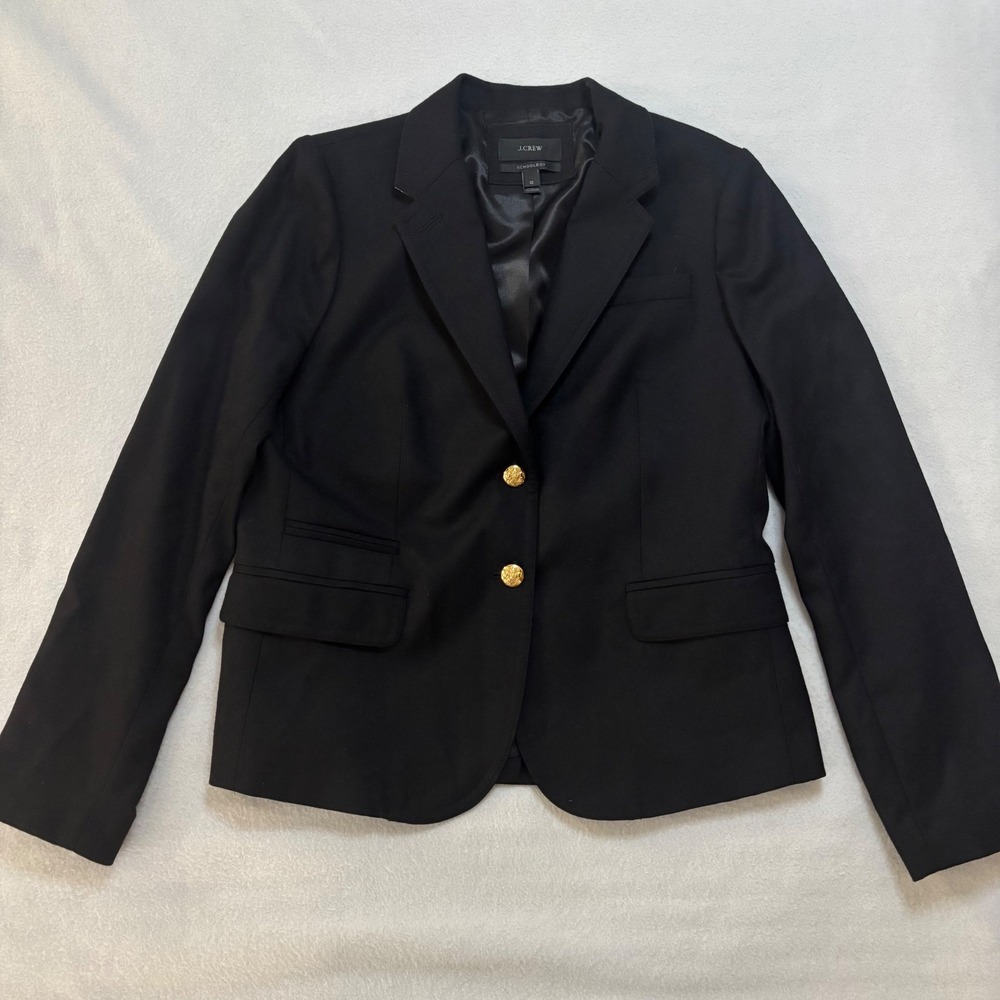 J. Crew Schoolboy Blazer Women's 12 Black Wool Gold Crest Button Jacket
